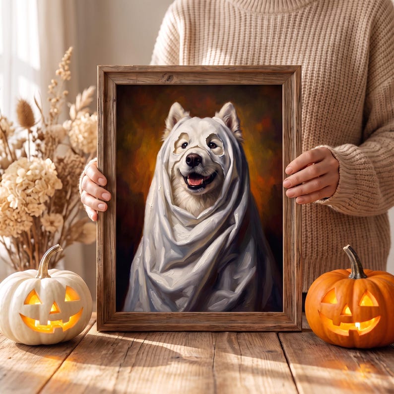 Op de afbeelding: Een rechthoekige houten lijst met een portret van een witte hond in een wit spookkostuum met uitgeknipte oogopeningen. De hond heeft een zwarte neus en een open bek met de tong zichtbaar. De achtergrond van het portret is een oranje kleurverloop.