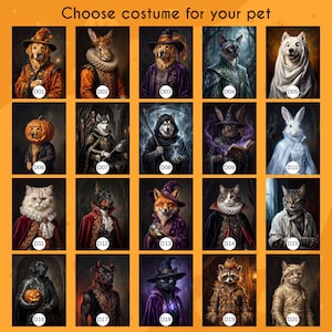 Op de afbeelding: Een raster van twintig digitale illustraties gelabeld D01 tot en met D20, getiteld Choose costume for your pet. Elke afbeelding toont een ander dier, waaronder honden, katten, konijnen, een vos en een wasbeer, gekleed in diverse kostuums.