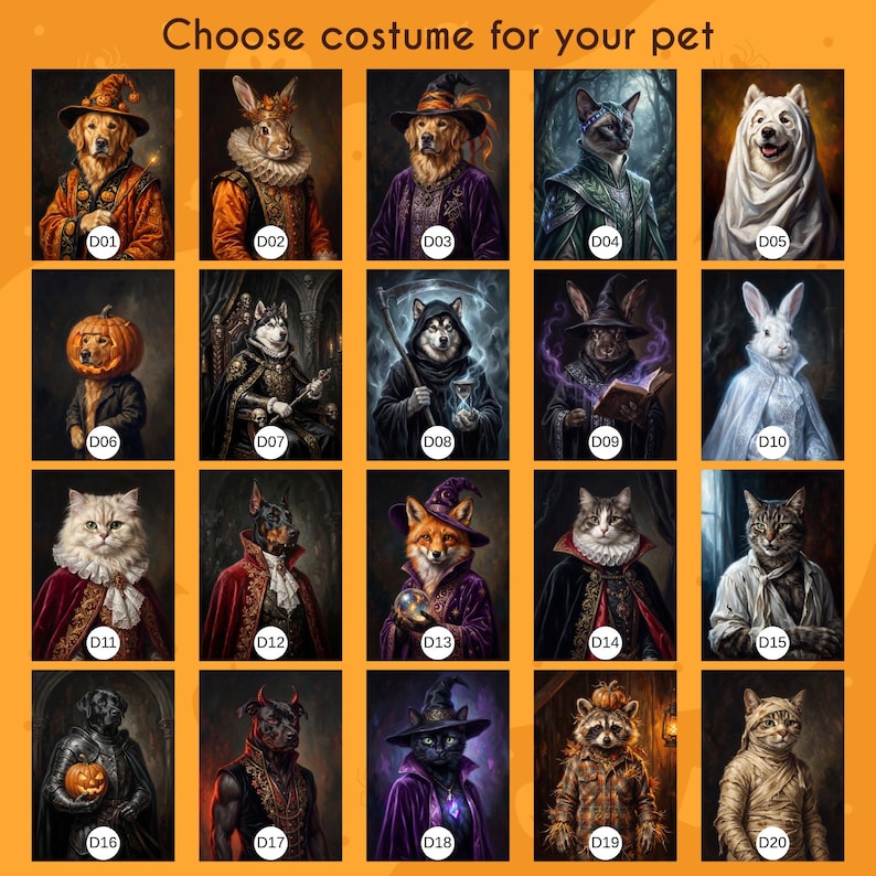 Op de afbeelding: Een raster van twintig digitale illustraties gelabeld D01 tot en met D20, getiteld Choose costume for your pet. Elke afbeelding toont een ander dier, waaronder honden, katten, konijnen, een vos en een wasbeer, gekleed in diverse kostuums.