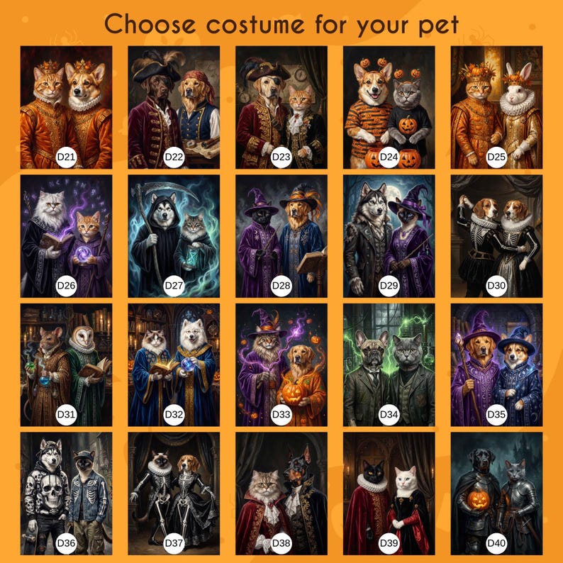 Op de afbeelding: Een raster van twintig digitale illustraties met paren huisdieren in verschillende kostuums, gelabeld van D21 tot D40, met de tekst "Choose costume for your pet" bovenaan. Elke rechthoekige afbeelding toont honden en katten in historische, fantasie- of feestelijke kleding.