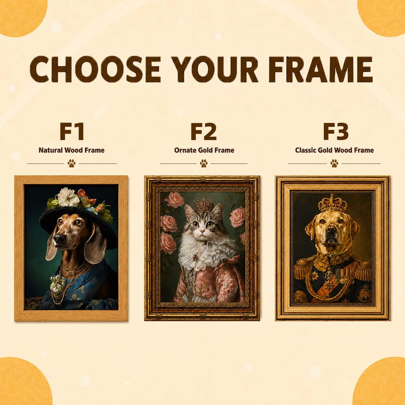 Op de afbeelding: Een grafische weergave met de titel CHOOSE YOUR FRAME toont drie opties: F1 Natural Wood Frame met een hond met hoed, F2 Ornate Gold Frame met een kat in koninklijke kleding en F3 Classic Gold Wood Frame met een hond in militair uniform.