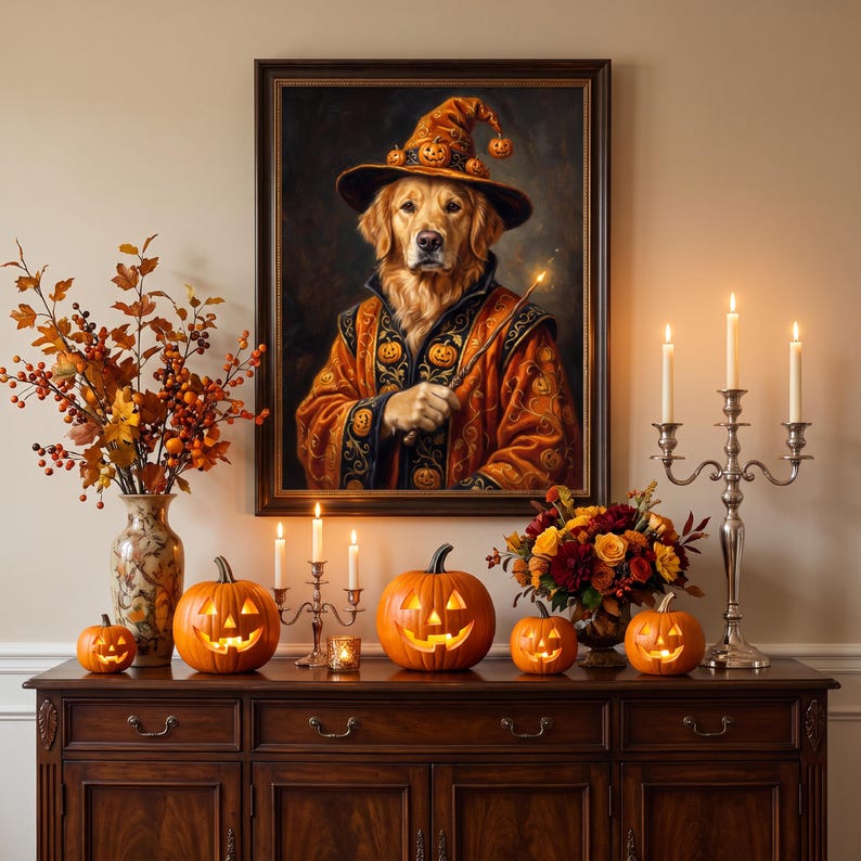 Op de afbeelding: Een ingelijst portret van een golden retriever met een tovenaarsmuts en een gewaad versierd met pompoenmotieven, die een toverstaf vasthoudt. Het schilderij staat op een houten dressoir met verlichte pompoenen, bloemen en kaarsen.