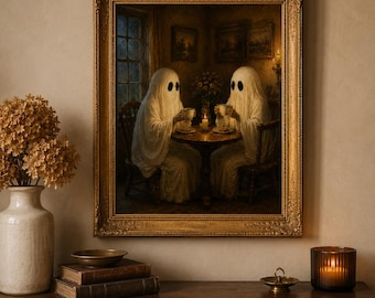 Op de afbeelding: Een ingelijst olieverfschilderij met twee figuren gehuld in witte lakens met donkere oogopeningen, zittend aan een kleine ronde tafel met theekopjes in een schemerige kamer met een raam, geplaatst in een sierlijke goudkleurige lijst.