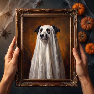 Op de afbeelding: Een ingelijst olieverfschilderij van een hond met zwart-witte vacht, gedrapeerd in een wit laken om op een geest te lijken. Het portret is geplaatst tegen een donkere, warmgekleurde achtergrond en zit in een sierlijke, donkerbruine houten lijst.