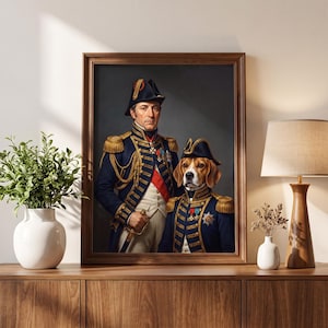 May include: A framed portrait painting featuring a person and a beagle dog standing side by side. Both are dressed in matching navy blue military uniforms with gold braided epaulets, white vests, and black bicorne hats with gold accents.