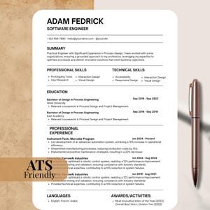May include: A white resume template for a software engineer named Adam Fedrick, featuring sections for summary, professional and technical skills, education, experience, languages, and awards, with a metallic pen placed to the right side.