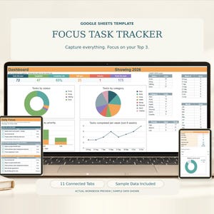 May include: A Google Sheets template titled Focus Task Tracker displayed on a laptop screen, a tablet, and a smartphone. The digital interface features colorful charts, task lists, and data tables for tracking productivity and daily goals.