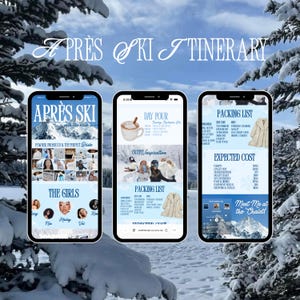 Itinerario para después de esquiar con la futura novia, itinerario para despedida de soltera en invierno, fin de semana de vacaciones en Aspen, plantilla personalizada de Canva