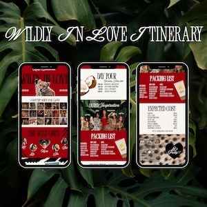 May include: Three smartphone screens displaying a Wildly In Love Itinerary digital template. The designs feature red and white color schemes, leopard print accents, a cheetah graphic, packing lists, cost breakdowns, and photo collages for a trip.