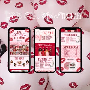Kiss the Miss Goodbye Bachelorette Itinerary, Pink and Red Bachelorette Itinerary Template, BeachTheme Bach, Custom Canva Template