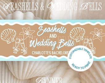 Banner para despedida de solteira na praia, placa para festa com conchas e sinos de casamento, modelo personalizado do Canva