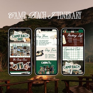 May include: Three smartphone screens displaying a digital Camp Bach itinerary. The designs feature green and white color schemes, text headers like Packing List and Expected Cost, photo collages, and event schedules for a multi-day camping trip.