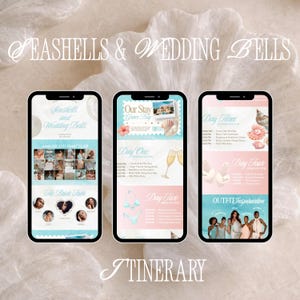 Op de afbeelding: Drie smartphoneschermen met een digitaal trouwprogramma getiteld Seashells & Wedding Bells. De schermen hebben een pastelblauw en roze kleurenschema, dagschema's voor drie dagen, fotocollages en illustraties van zeeschelpen en champagneglazen.