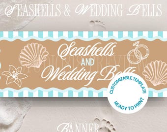 Banner para despedida de solteira na praia, placa para festa com conchas e sinos de casamento, modelo personalizado do Canva