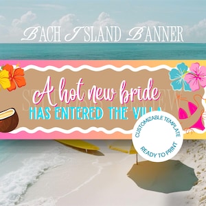 Printbare banner voor Bach Island, decoratie voor een feestje met een stralende bruid, banner met de tekst "Islanders Love Party", aangepaste Canva-sjabloon