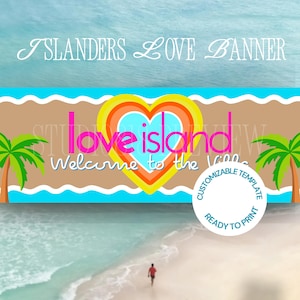 Utskrivbar banner med sommartema för Islanders Love-festen, anpassad Canvas-mall, tropisk klocka-festdekoration