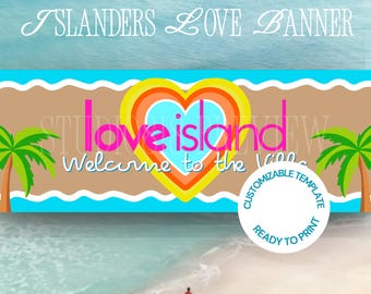 Eilandbewoners houden van feestbanner afdrukbaar, bord zomerstrandthema, aangepaste canvassjabloon, tropisch horloge feestdecor