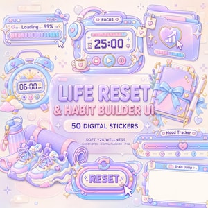 May include: A collection of 50 digital stickers featuring a pastel purple and blue color palette. Elements include a loading bar, a focus timer, a folder, an alarm clock, a planner, a water bottle, a yoga mat, sneakers, and a mood tracker.