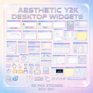May include: A collection of 50 digital PNG stickers featuring Y2K aesthetic desktop widgets, including computer windows, icons, cursors, calendars, clocks, and media players in a pastel gradient color palette with the text AESTHETIC Y2K DESKTOP WIDGETS.