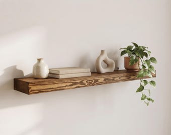 Long Rustic Floating Shelf, Solid Pine Kitchen Wall Shelf, Farmhouse Open Shelving, Thick Wood Storage Ledge, Custom Size Shelf