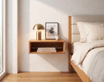 An der Wand befestigter Nachttisch, schwebender Nachttisch, Nachttisch aus Massivholz, modernes Nachttischregal, minimalistischer Nachttisch, Eichenmöbel