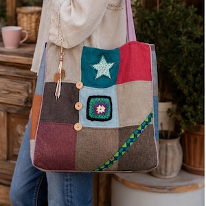 Sac cabas femme patchwork fait main – Sac bohème chic en tissu – Grand sac coloré unique – Sac épaule avec anses doubles - JENNY