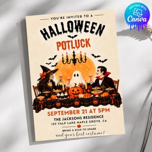 Può includere: Un invito per un potluck di Halloween con una strega, un fantasma e un vampiro a tavola con cibo e zucche. Il testo recita: YOU'RE INVITED TO A HALLOWEEN POTLUCK, SEPTEMBER 21 AT 5PM, THE JACKSONS RESIDENCE, 123 YALP LANE, MAPLE GROVE, CA.