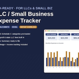Puede incluir: Un rastreador digital de gastos para LLC y pequeñas empresas compatible con Google Sheets y Excel. La interfaz muestra un panel con gastos totales, montos deducibles, beneficio neto y un gráfico de barras de gastos mensuales frente a ingresos.