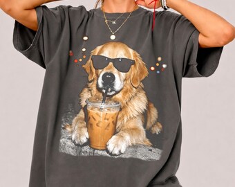 Golden Retriever Iced Coffee Comfort Colors Shirt, Funny Dog Coffee Tee, Dog Lover Gift, Chill Golden Retriever Graphic T-Shirt