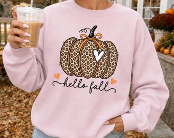 Hello Fall Leopard Pumpkin Sweatshirt, Cheetah Pumpkin Shirt, Cute Autumn Crewneck, Thanksgiving Fall Hoodie