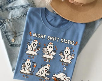 Night Shift Status Nurse Halloween Comfort Colors Shirt, Funny Ghost Nurse Tee, Spooky Nursing Shirt, RN Nurse Gift for Women