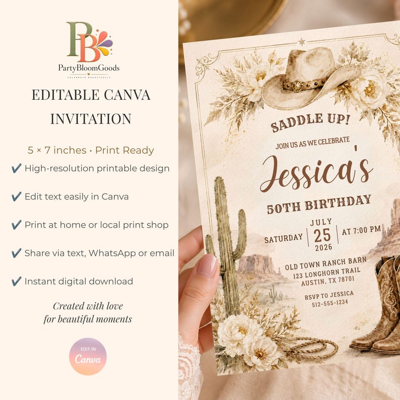 Western Birthday Invitation, Cowgirl Party Invite, Cowboy Hat & Boots ...