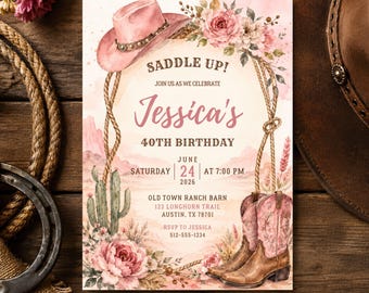 Cowgirl Birthday Invitation, Western Ranch Party Invite, Pink Cowboy Hat & Boots, Editable Canva Template