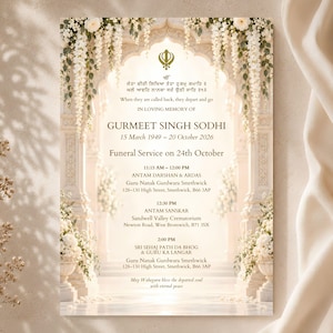Pode incluir: Um cartão de anúncio funerário com um símbolo Khanda dourado, guirlandas de flores brancas e um arco ornamentado ao fundo. O texto inclui o nome Gurmeet Singh Sodhi, datas, horários e locais para os serviços funerários e cremação.