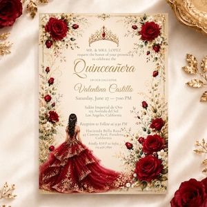 Editable Quinceañera Invitation, Mis Quince Invite, Burgundy Floral Canva Template (Digital Download)