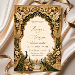 May include: A rectangular wedding invitation card featuring an ornate gold archway frame decorated with cream and pink flowers. The center text reads: Together with their beloved families, Vivaan and Anaya, Request the honour of your presence at the wedding celebration, 21 June, 2026, 5:00 PM, Royal Garden, Mumbai, Reception to follow, RSVP: +91 98765 43210. Two peacocks stand on pedestals flanking a palace illustration.
