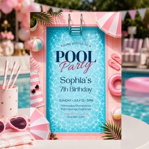 Pool Party Invitation, Pink Summer Birthday Invite, Editable Canva Template (Digital Download)