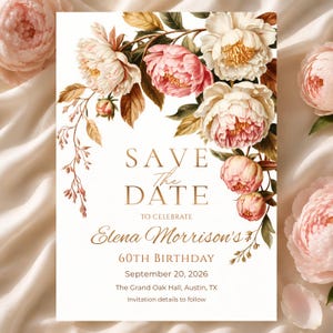 May include: A rectangular Save the Date card featuring a floral arrangement of pink and white peonies with green and brown leaves. The text reads: Save the Date to celebrate Elena Morrison's 60th Birthday, September 20, 2026, The Grand Oak Hall, Austin, TX.