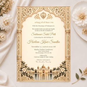 May include: A rectangular invitation card with a cream background and ornate gold borders featuring floral carvings. It displays the text: With the blessings of Waheguru Ji, We warmly invite you and your family to join us for the recitation of Sukhmani Sahib Path Celebrating the 16th Birthday of Harleen Kaur Sandhu November 21, 2026 at 10:00 AM Khalsa Darbar Gurdwara 7080 Dixie Road Mississauga, ON L5S 1B7 Followed by Guru Ka Langar & Cake Cutting With love and respect, The Sandhu Family. The bottom features a golden temple illustration.
