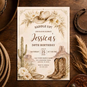 Peut inclure: Une carte d'invitation d'anniversaire rectangulaire avec des illustrations à l'aquarelle d'un chapeau de cow-boy, de fleurs blanches, d'un cactus saguaro et de bottes. Le texte indique : SADDLE UP! JOIN US AS WE CELEBRATE Jessica's 50TH BIRTHDAY.