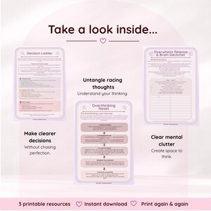 Pode incluir: Tr&ecirc;s p&aacute;ginas de recursos imprim&iacute;veis com bordas roxas claras. As p&aacute;ginas s&atilde;o intituladas Decision Ladder, Overthink Reset e Overwhelm Release & Brain Declutter. O texto inclui instru&ccedil;&otilde;es para tomada de decis&atilde;o e organiza&ccedil;&atilde;o mental.