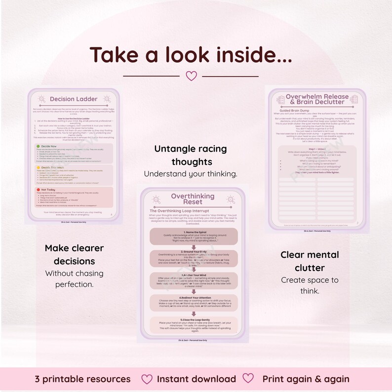 Pode incluir: Tr&ecirc;s p&aacute;ginas de recursos imprim&iacute;veis com bordas roxas claras. As p&aacute;ginas s&atilde;o intituladas Decision Ladder, Overthink Reset e Overwhelm Release & Brain Declutter. O texto inclui instru&ccedil;&otilde;es para tomada de decis&atilde;o e organiza&ccedil;&atilde;o mental.