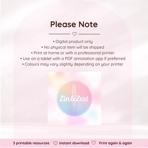 Pode incluir: Um gr&aacute;fico de informa&ccedil;&otilde;es de produto digital com um fundo de arco rosa suave. O texto diz: Please Note, Digital product only, No physical item will be shipped, Print at home or with a professional printer, Use on a tablet, Colours may vary. Logo Zin & Zest.