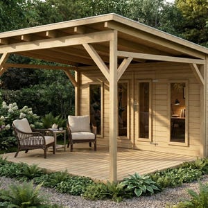 Può includere: Una casetta da giardino in legno marrone chiaro con tetto spiovente e veranda coperta annessa. La struttura presenta pannelli di vetro verticali su porte e finestre, con due sedie in vimini e un tavolino posizionati sulla terrazza in legno.