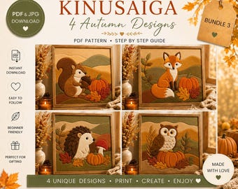 May include: A digital bundle of four Kinusaiga autumn designs featuring a squirrel with an acorn, a fox, a hedgehog, and an owl. Each square framed image includes pumpkins and fall foliage. The text reads Kinusaiga 4 Autumn Designs, PDF Pattern, Step by Step Guide, Instant Download, Easy to Follow, Beginner Friendly, Perfect for Gifting, Made with Love, and 4 Unique Designs, Print, Create, Enjoy.