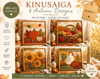 Può includere: Un set Kinusaiga con quattro disegni artistici in tessuto a tema autunnale in cornici di legno. Le immagini raffigurano un campo di zucche, un cesto di mele, girasoli e un gallo con una zucca. Include il testo: Kinusaiga 4 Autumn Designs.