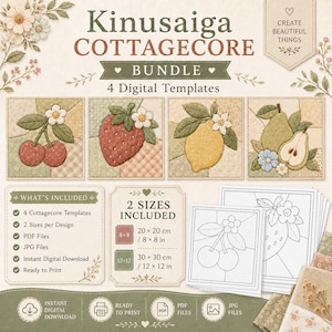 以下が含まれることがあります： サクランボ、イチゴ、レモン、洋ナシの4つのデジタルテンプレートを含むKinusaiga Cottagecoreバンドル。20x20cmおよび30x30cmサイズのPDFおよびJPGファイルが含まれています。テキストには「Kinusaiga COTTAGECORE BUNDLE, 4 Digital Templates, WHAT'S INCLUDED」と記載されています。