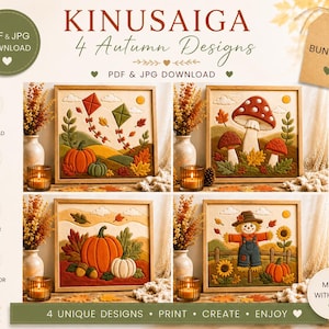 Pode incluir: Um pacote de download digital com quatro designs de outono Kinusaiga. As imagens mostram arte em tecido acolchoado de abóboras, pipas, cogumelos e um espantalho em molduras de madeira. O texto inclui KINUSAIGA 4 Autumn Designs, BUNDLE 2 e PDF & JPG DOWNLOAD.