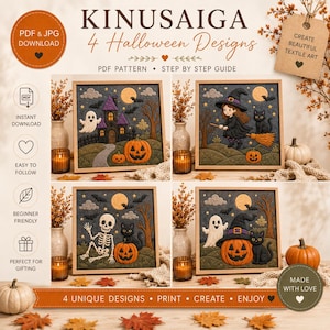 Op de afbeelding: Een digitale downloadset met vier Kinusaiga Halloween-ontwerpen, waaronder een spookhuis, een heks op een bezemsteel, een skelet en een pompoen met een geest. Inclusief PDF-patronen en stapsgewijze handleidingen voor textielkunst.
