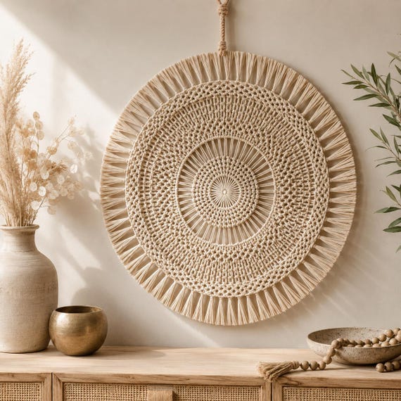 Mandala Wall Hanging Crochet Pattern PDF, Macrame Look Round Boho Wall Decor, Sunburst Fringe, US Terms, Beginner Friendly
